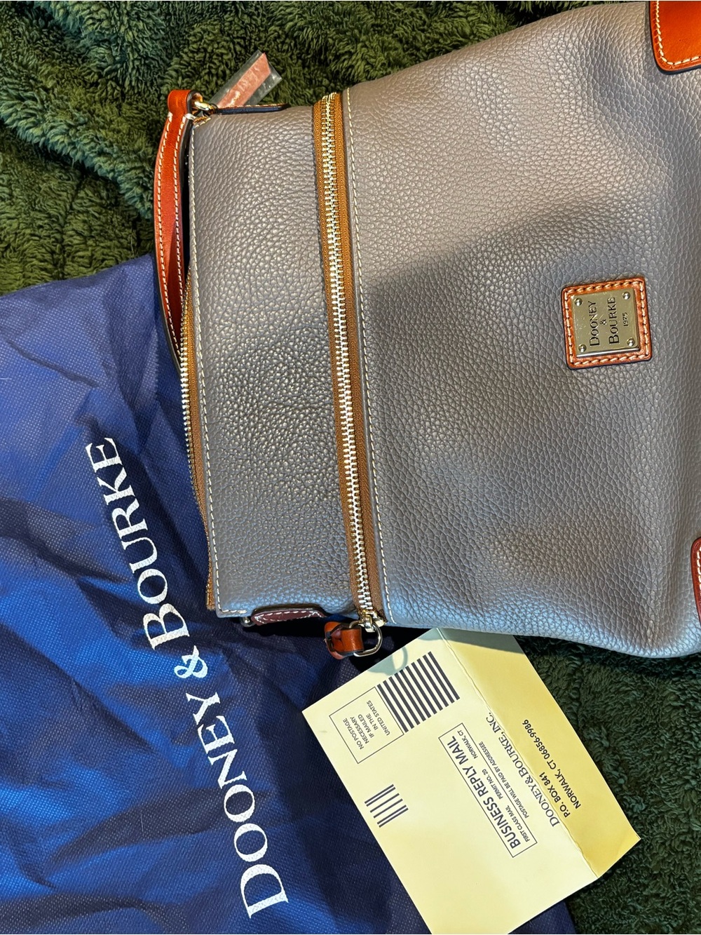 Dooney & Bourke Gray Pebbled Leather Messenger with Tan Trim, New w/o tags